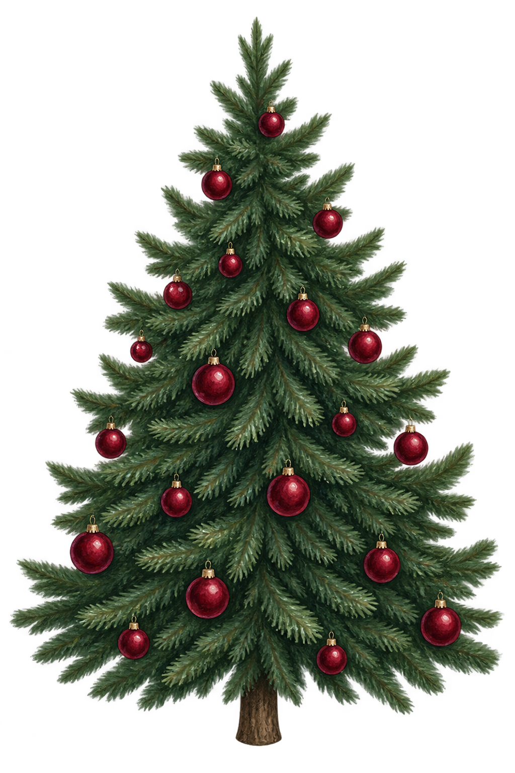 Sapin de Noël vert décoré de boules rouge bordeaux